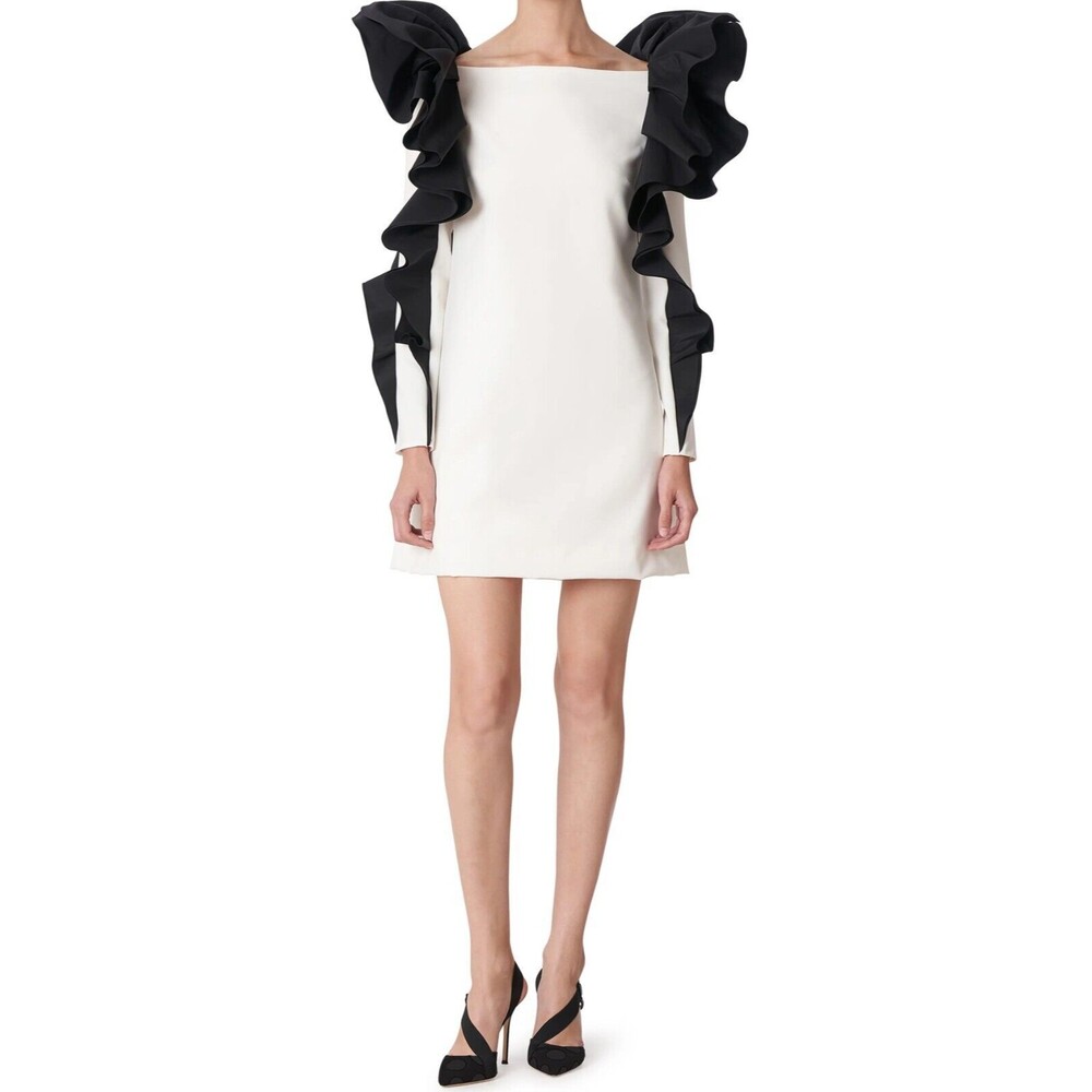 Carolina Herrera Ruffle Long Sleeve Party Cocktail Mini Dress White Black Size 8